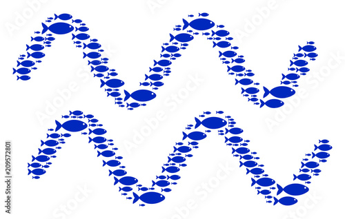 Sinusoid waves vector figure formed of randomized fish objects in heterogeneous sizes. Fish icons are organized into abstract sinusoid waves representaion.
