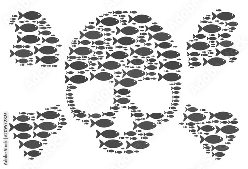 Skull crossbones vector collage made of randomized fish pictograms in various sizes. Fish icons are arranged into abstract skull crossbones vector illustration.