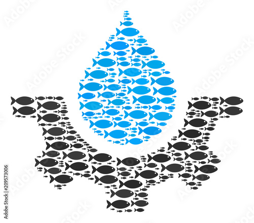 Water drop service cog vector shape composed from random fish pictograms in various sizes. Fish icons are formed into abstract water drop service cog shape.