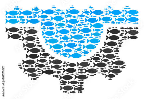 Water service gear vector collage composed from scattered fish elements in heterogeneous sizes. Fish icons are grouped into abstract water service gear concept.