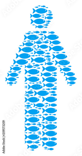 Man person vector mosaic built with random fish elements in heterogeneous sizes. Fish icons are formed into abstract man person figure.
