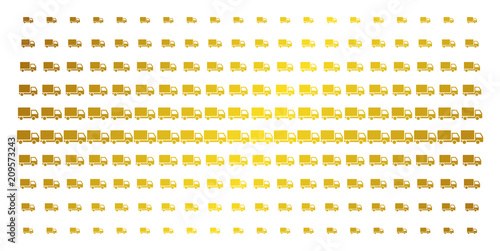 Delivery lorry icon gold colored halftone pattern. Vector delivery lorry shapes are organized into halftone array with inclined gold gradient. Constructed for backgrounds, covers,