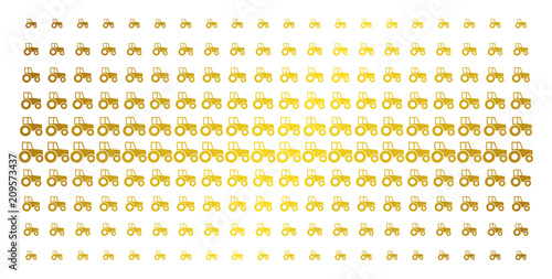 Wheeled tractor icon gold colored halftone pattern. Vector wheeled tractor items are arranged into halftone array with inclined golden gradient. Designed for backgrounds, covers,