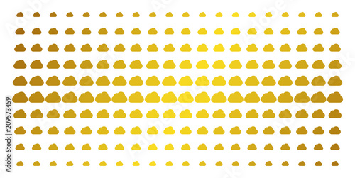 Cloud icon gold colored halftone pattern. Vector cloud items are arranged into halftone matrix with inclined gold gradient. Constructed for backgrounds, covers, templates and bright compositions.