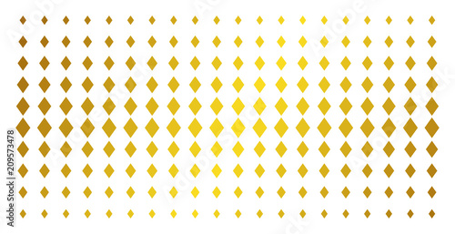 Filled rhombus icon gold colored halftone pattern. Vector filled rhombus items are organized into halftone matrix with inclined gold gradient. Constructed for backgrounds, covers,