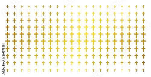 Religious cross icon golden halftone pattern. Vector religious cross items are organized into halftone matrix with inclined gold color gradient. Designed for backgrounds, covers,