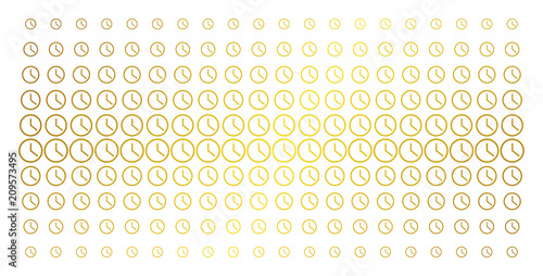 Clock icon gold halftone pattern. Vector clock items are arranged into halftone array with inclined gold color gradient. Constructed for backgrounds, covers, templates and beautiful compositions.