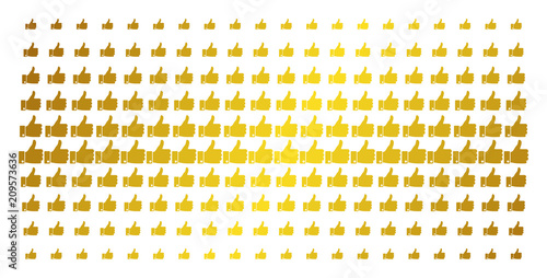Thumb up icon gold colored halftone pattern. Vector thumb up shapes are organized into halftone grid with inclined gold gradient. Constructed for backgrounds, covers, templates and luxury effects.