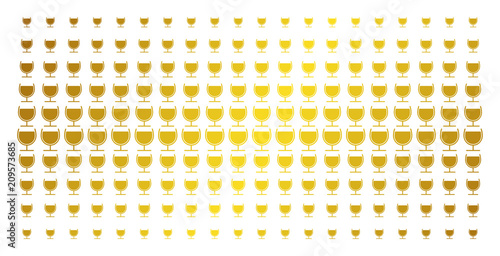 Wine glass icon gold halftone pattern. Vector wine glass pictograms are arranged into halftone matrix with inclined gold gradient. Constructed for backgrounds, covers, templates and abstract concepts.