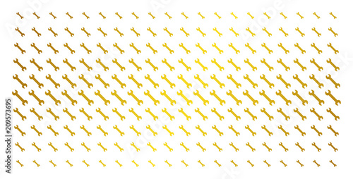 Wrench icon gold colored halftone pattern. Vector wrench objects are organized into halftone array with inclined gold gradient. Designed for backgrounds, covers, templates and luxury concepts.