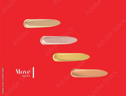 Vector metallic and gold color smudge set. Liquid smears isolated on red background. Fashion or cosmetic poster.