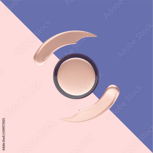 Abstract fashion or beauty background. Pink gold color liquid smudge and round frame, cosmetic poster.