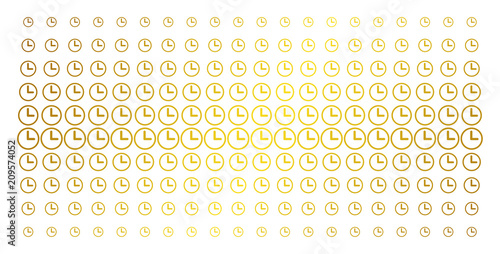 Clock icon gold colored halftone pattern. Vector clock items are arranged into halftone grid with inclined gold gradient. Constructed for backgrounds, covers, templates and abstract concepts.