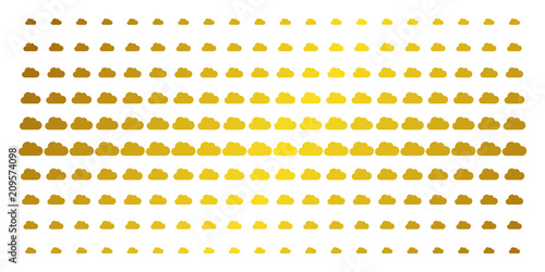 Cloud icon golden halftone pattern. Vector cloud symbols are organized into halftone matrix with inclined gold gradient. Constructed for backgrounds, covers, templates and luxury concepts.