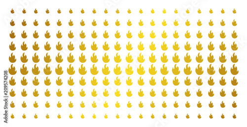 Fire flame icon gold colored halftone pattern. Vector fire flame objects are organized into halftone array with inclined gold gradient. Constructed for backgrounds, covers,