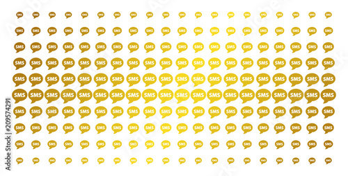 SMS icon gold halftone pattern. Vector SMS objects are arranged into halftone grid with inclined gold color gradient. Designed for backgrounds, covers, templates and bright effects.