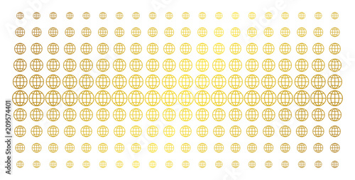 Globe icon gold halftone pattern. Vector globe objects are arranged into halftone array with inclined gold gradient. Designed for backgrounds, covers, templates and abstract effects.