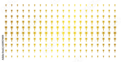 Wand magic tool icon gold halftone pattern. Vector wand magic tool pictograms are organized into halftone array with inclined gold color gradient. Designed for backgrounds, covers,