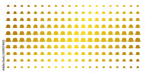 Gentleman hat icon golden halftone pattern. Vector gentleman hat symbols are arranged into halftone array with inclined gold gradient. Designed for backgrounds, covers, templates and luxury effects.