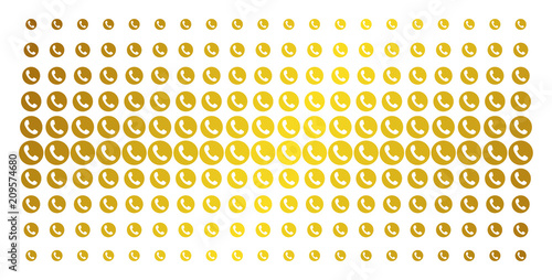 Phone number icon gold halftone pattern. Vector phone number shapes are arranged into halftone array with inclined gold gradient. Constructed for backgrounds, covers, templates and luxury concepts.