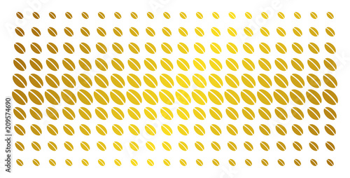 Wheat seed icon gold halftone pattern. Vector wheat seed symbols are arranged into halftone grid with inclined golden gradient. Constructed for backgrounds, covers, templates and bright compositions.