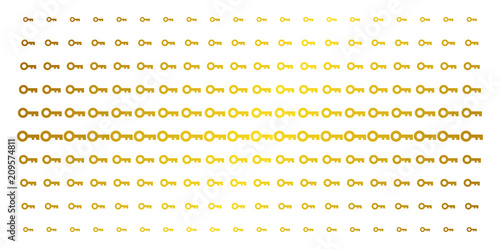 Key icon golden halftone pattern. Vector key objects are arranged into halftone grid with inclined golden gradient. Constructed for backgrounds, covers, templates and abstract concepts.