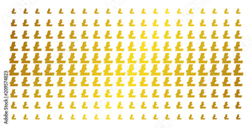 Litecoin icon gold halftone pattern. Vector Litecoin items are organized into halftone matrix with inclined gold color gradient. Designed for backgrounds, covers, templates and abstract compositions.