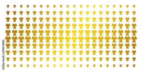 Lady T-shirt icon golden halftone pattern. Vector lady T-shirt objects are arranged into halftone array with inclined gold gradient. Constructed for backgrounds, covers, templates and luxury concepts.