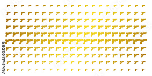 Pistol gun icon gold halftone pattern. Vector pistol gun symbols are organized into halftone matrix with inclined golden gradient. Constructed for backgrounds, covers,