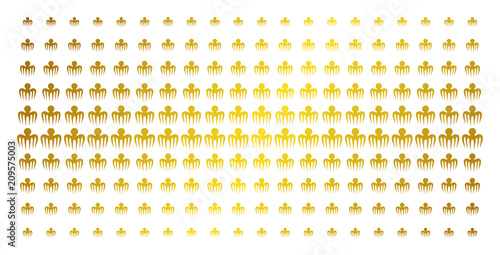 Spectre octopus icon golden halftone pattern. Vector spectre octopus symbols are arranged into halftone matrix with inclined gold color gradient. Constructed for backgrounds, covers,