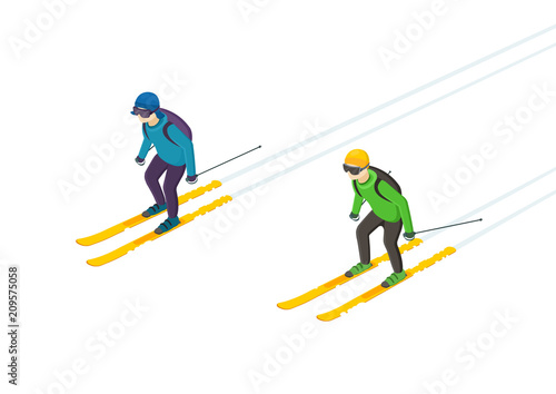 Two skiers on mountain quickly slide. Winter sport and recreation,winter holiday vacation and ski resort. Isometric view. Vector illustration.