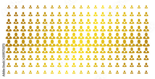 Client icon gold colored halftone pattern. Vector client items are arranged into halftone matrix with inclined golden gradient. Designed for backgrounds, covers, templates and luxury concepts.