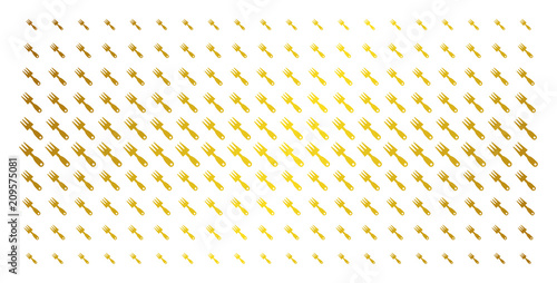 Cultivator rake icon gold halftone pattern. Vector cultivator rake shapes are arranged into halftone matrix with inclined golden gradient. Constructed for backgrounds, covers,