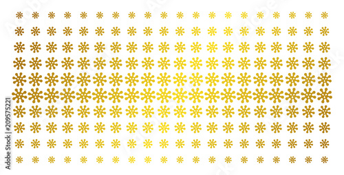Virus icon gold colored halftone pattern. Vector virus symbols are organized into halftone array with inclined golden gradient. Constructed for backgrounds, covers, templates and beautiful concepts.