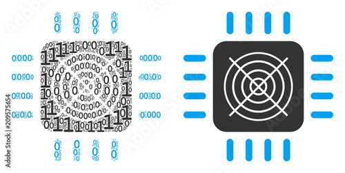 ASIC processor mosaic icon of one and zero digits in randomized sizes. Vector digital symbols are scattered into ASIC processor mosaic design concept.