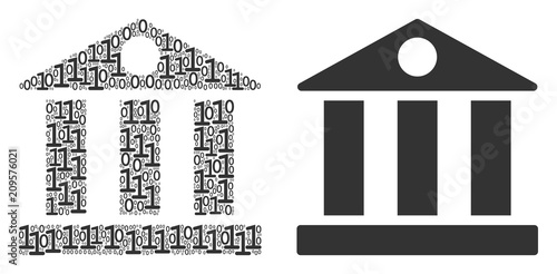 Bank building composition icon of binary digits in random sizes. Vector digits are organized into bank building illustration design concept.