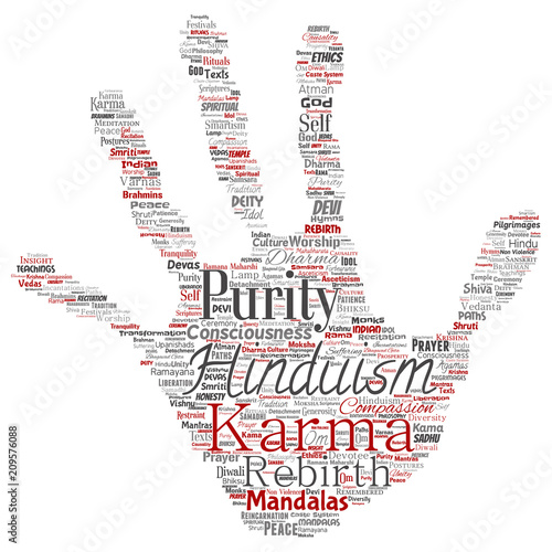 Vector conceptual hinduism, shiva, rama, yoga hand print stamp word cloud isolated background. Collage of mandalas, samsara, celebration, tradition, peace, compassion, rebirth, karma, dharma concept
