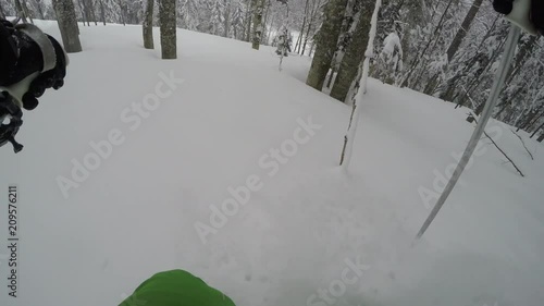 4K gopro chest mount skier  extreme in forest  skiing on fresh powder snow at winter