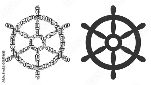 Boat steering wheel collage icon of binary digits in variable sizes. Vector digital symbols are organized into boat steering wheel composition design concept.