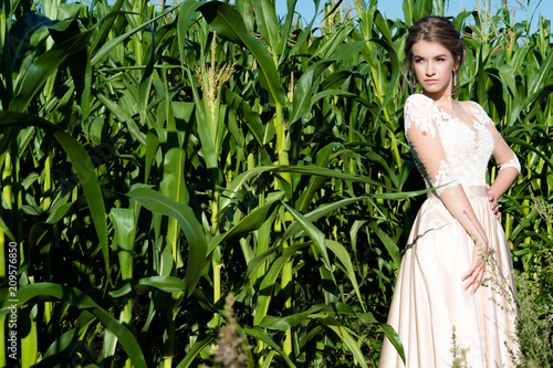 beautiful young girl in beige dress in corn on field