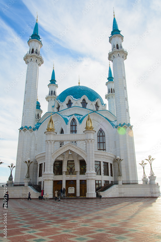 Kazan, Republic of Tatarstan, Russia. View of the Kazan Kremlin with Qolsharif Mosque in the center