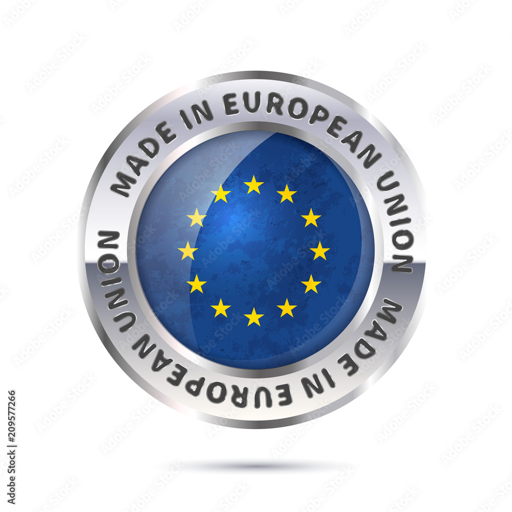 Glossy metal badge icon, made in European Union Glossy metal badge icon, made in European Union