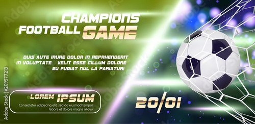 Soccer or Football wide Banner or flyer design with 3d ball on golden blue background. Football game match goal moment with realistic ball in the net and place for text