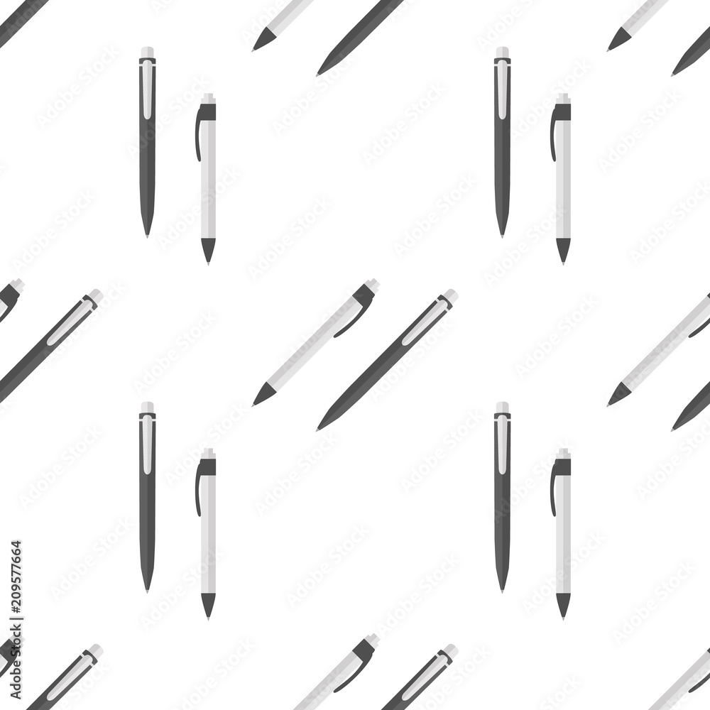 Pen seamless pattern on white background. Background with stationery writing tools. Pen seamless pattern on white background. Background with stationery writing tools.