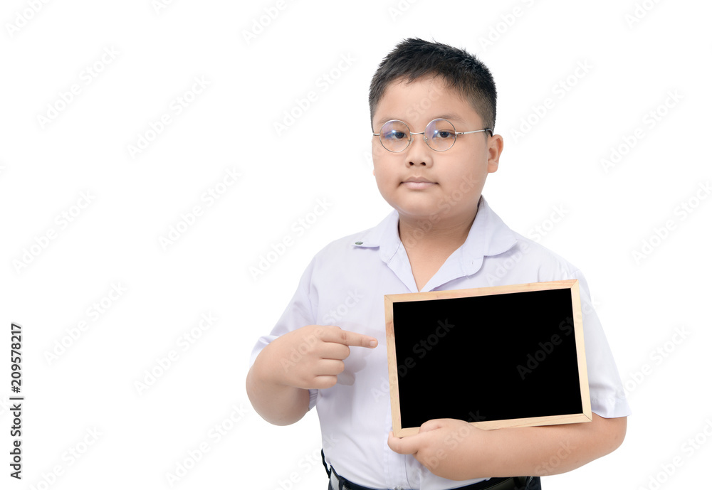 Asian fat student holding blank blackboard Asian fat student holding blank blackboard