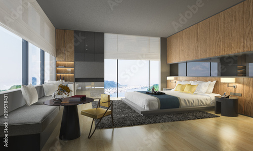 3d rendering nice sea view bedroom with luxury design