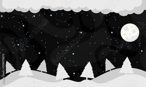 Winter landscape with falling snow and moon. Vector illustration.