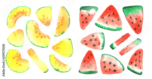 Fototapeta Naklejka Na Ścianę i Meble -  Elements juicy melon and watermelon, in watercolor style.
