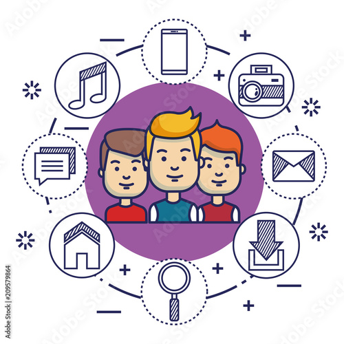 group of people with social media marketing icons vector illustration design