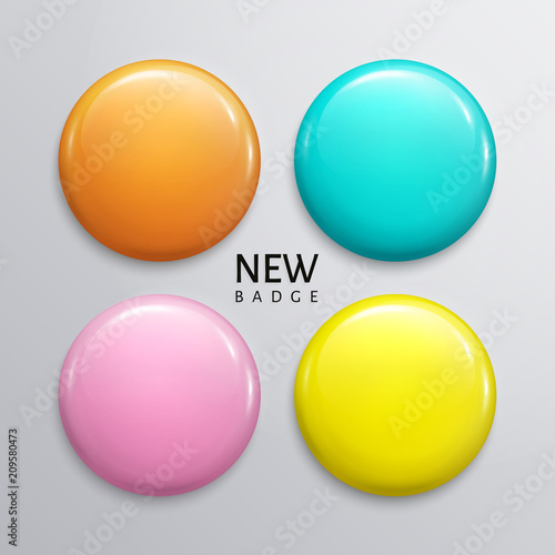 Blank glossy badges, pin or web button. Four pastel colors, yellow, orange, turquoise and purple. Vector.